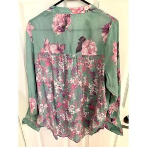 Figueroa & And Flower Women's‎ Large Teal Floral Button Up Down Shirt Top Blouse